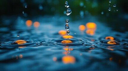 Several water droplets move across a body of water, generating ripples and a dynamic visual effect.