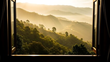 Fototapeta premium Window View of Misty Hills at Sunrise