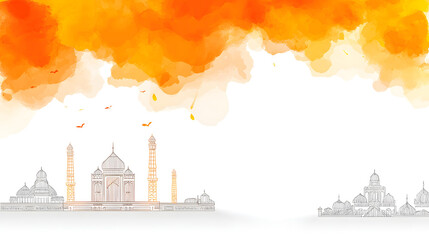 Panoramic Silhouette of Taj Mahal, Agra, India. Watercolor Illustration. Happy Republic Day India Abstract Watercolor Background. Tricolor Paint Splash Concept