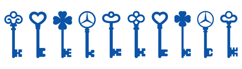 Vintage decorative key icons set with classic antique silhouettes for security concepts, access symbols, mystery themes, retro lock designs and creative isolated vector illustrations