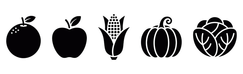 simple fruit and vegetable icon set including apples, corn, pumpkin, and cabbage, ideal for healthy lifestyle graphics, nutrition projects, farming visuals, food packaging, and educational designs