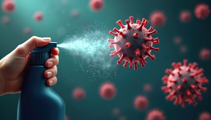 Hand sprays blue liquid onto red virus particles. Cleanliness, hygiene concept. Sterilization against infectious disease. Prevention of global pandemic spread. Safety measures against contagion.