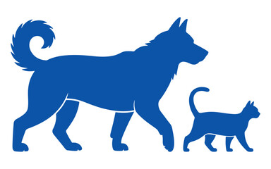 Blue silhouette illustration of dog and puppy standing together, clean flat vector style symbolizing pet care, animal love, companionship and family bond on white background