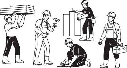 Construction Worker Illustration Set &mdash; Professional Builders Carrying Materials, Using Tools and Performing Industrial Labor in Clean Line Art Style