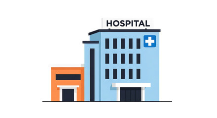 Flat illustration of a modern hospital building with a medical cross sign isolated on transparent background