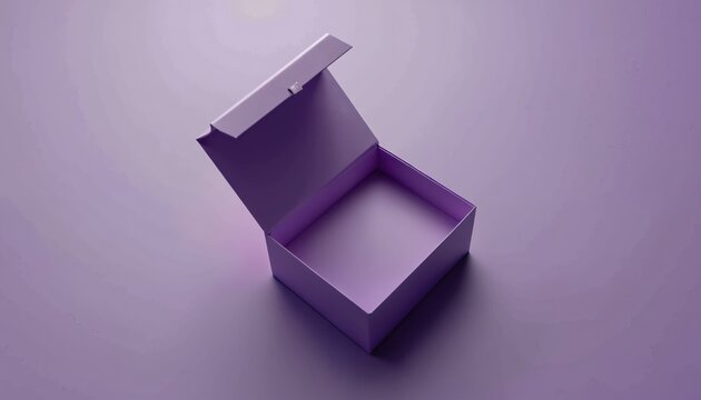 Empty open purple box on matching background. Minimalist geometric design for product presentation or creative concept. Clean visual for marketing.