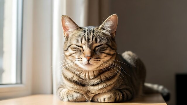 Peaceful tabby cat sleeping in a sunbeam by a window, showcasing beautiful fur patterns and warm lighting, creating a serene and cozy domestic scene with vibrant colors. - Powered by Adobe