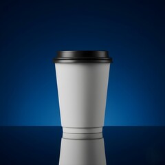White Coffee Cup with Black Lid on Dark Blue Background
