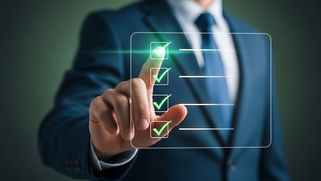 Businessman interacting with a digital checklist interface - Powered by Adobe