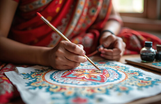 Woman paints traditional Pattachitra art on cloth. Artisan uses brush and ink for detailed design. Colorful folk art creation at a fair or studio.