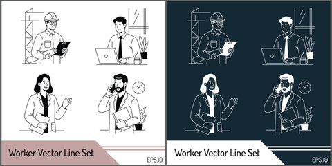 Office professional workers vector line art illustration set silhouette template design
