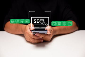 A person holding a smartphone with digital icons related to SEO displayed, emphasizing the importance of search engine optimization in digital marketing.