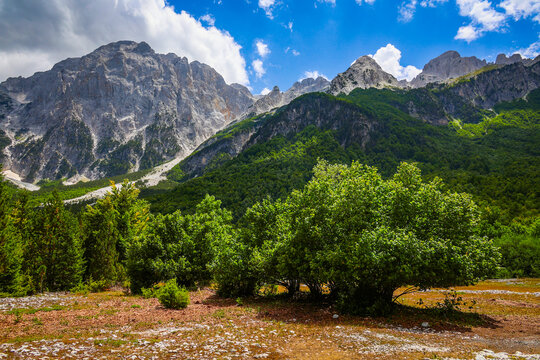 Scenic summer landscape of Valbona Valley National Park. Prokletije or Accursed Mountains in Northern Albania, Europe	