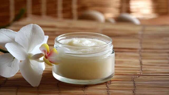 Ultra HD Jar of natural cosmetic cream or balm with white orchid flower on bamboo mat for spa and wellness concept video