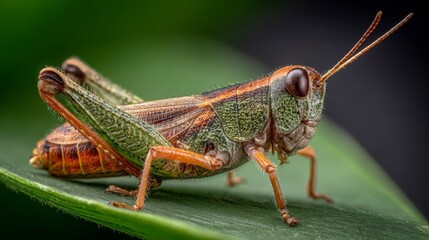 Fototapeta premium Close-up View of Colorful Grasshopper Resting on Green Leaf in Natural Habitat Under Soft Light with Sharp Focus on Intricate Details and Texture