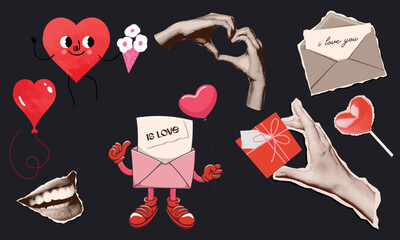 Love Letter Envelope Halftone Collage Element with Crumpled Paper Texture and Doodles, Romantic Message Notification Concept, Modern Retro Mixed Media Vector Illustration