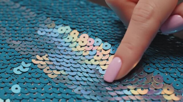Close up extreme detail of a human finger gently touching shimmering teal blue sequins on a fabric revealing iridescent rainbow color highlights with soft diffused lighting