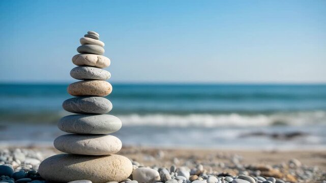 Serene beach scene with balanced stones on sandy shore by calm ocean waves