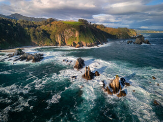 Famous Playa de Gueirua as seen from the air. Favorite European location, Spain, Asturias