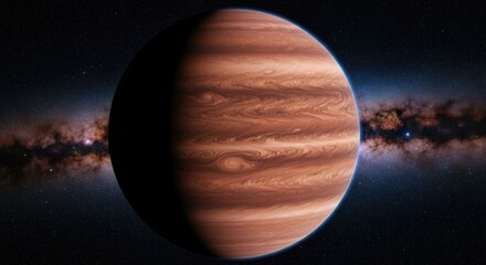 A large gas giant planet, striped, with swirling cloud patterns in space