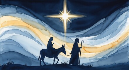 Watercolor illustration of pregnant Mary on a donkey led by Joseph, glowing cross star above, Christmas theme