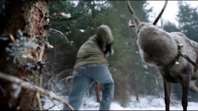 A man with an axe tries to chop down a fir tree in a winter forest but gives up and runs away from a reindeer's stare