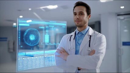 A confident male doctor with a stethoscope stands with crossed arms in front of a futuristic transparent screen with medical data - Powered by Adobe