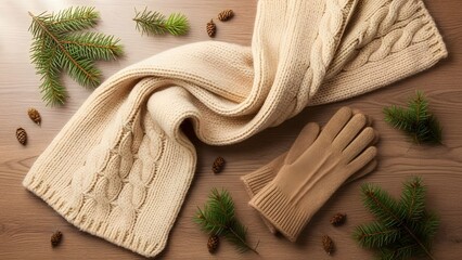 Cozy Winter Scarf And Gloves With Pine Needles And Pinecones On Wooden Background