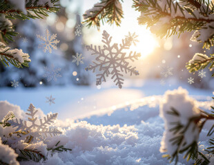Snow covered branches and winter landscape on a sunny day with artificial snowflakes