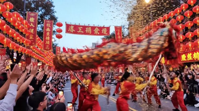 Dragon dance celebration amid lanterns and jubilant crowd