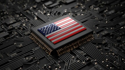 A microchip featuring the design of the American flag sits on a detailed circuit board. The setting emphasizes technology and digital engineering aspects
