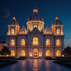 Illuminated baroque cathedral at dusk