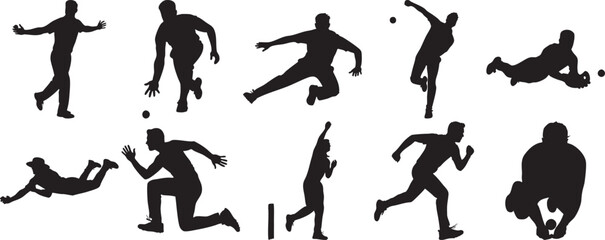 Cricket Player Silhouettes in Dynamic Action Poses