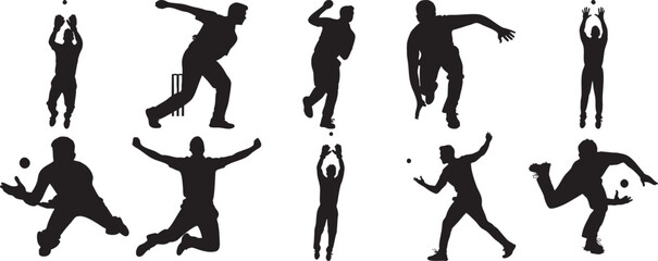 Cricket Player Silhouettes in Various Action Poses