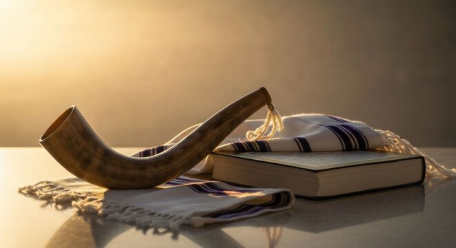 A Shofar, prayer shawl, and book sit on a surface, bathed in light
