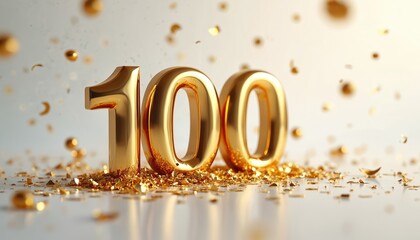 Golden number 100 floats above sparkling confetti and glitter. Festive metallic numeral celebrates centennial event or major milestone achievement. Shiny gold digits signify success.