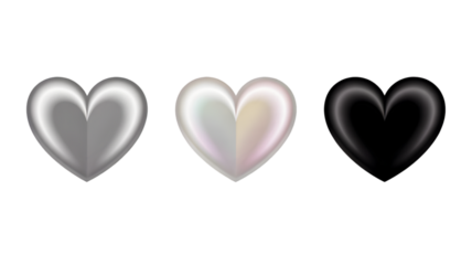 Shiny heart shapes in silver, white, and black on transparent background PNG