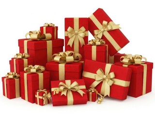 A pile of red gift boxes with gold ribbons isolated on white background