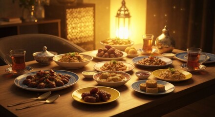 A table laden with food and drinks, illuminated by warm light