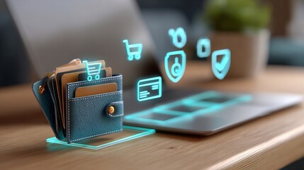 Conceptual image of online shopping and secure digital payment with a stylized wallet, laptop, and glowing icons representing e-commerce and data security.
