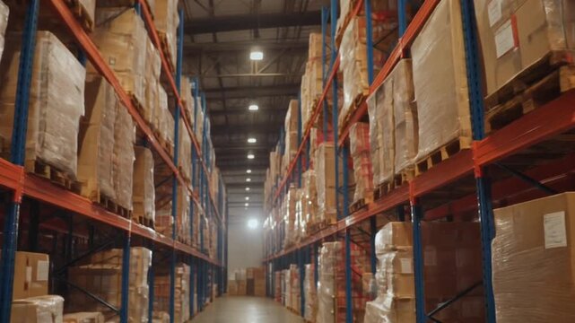 A wide-angle view of a large warehouse aisle lined with towering industrial shelves, fully stocked with cardboard boxes and pallets.