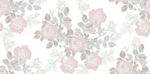 Flowers and leaves of roses in vintage style, seamless pattern in shades of white on a transparent background	