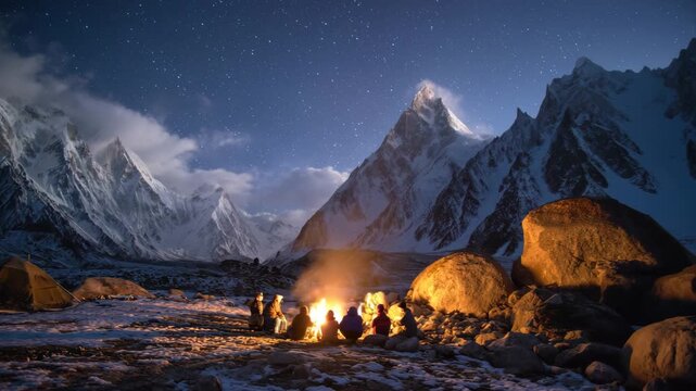 Ultra HD Group of mountaineers sitting around a campfire at night under a starry sky in a snowy mountain base camp with tent video