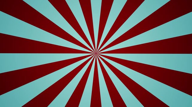 Seamless looped sunburst animation with deep red and light cyan radial rays expanding from the center. Retro-style motion background ideal for titles, promos, presentations, and bold graphic design.
