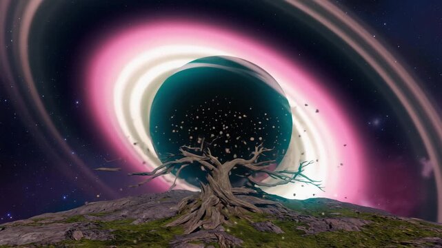 Cosmic tree on a hill facing a black hole with a vibrant accretion disk casting an ethereal glow over a starry night sky dynamic space scene with abstract celestial phenomena