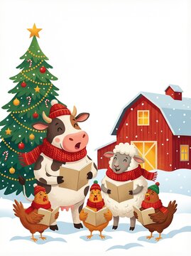 Farm animal choir singing carols in snow near Christmas tree and barn. Festive holiday celebration for greeting card or winter decoration.