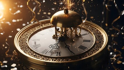 Golden antique clock with fireworks and confetti for New Year's Eve time