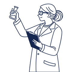 Scientist with glasses examines flask while taking notes on her clipboard at laboratory
