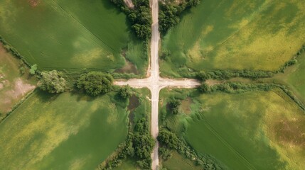 Fototapeta premium Intersection of dirt roads among green fields in rural landscape during daylight