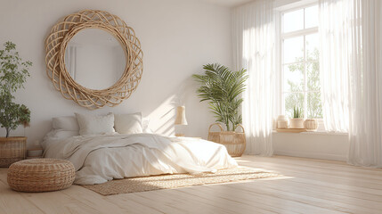 A cozy bedroom with a minimalist design, a large circular mirror hangs above the bed. The bedroom has a soft, inviting atmosphere, perfect for relaxation. 